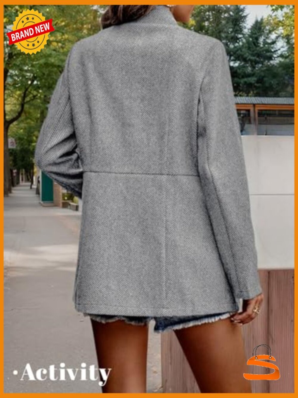 Herringbone Tweed Blazer Jacket - Fully Lined Open Front Work Office Coat with - Picture 4 of 7
